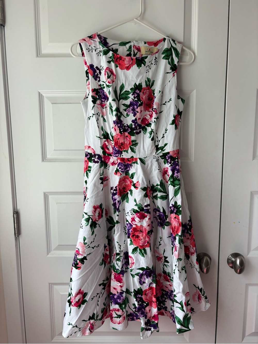 Women’s Floral Fit-and-Flare Dress - White with Pink & Purple Flowers
